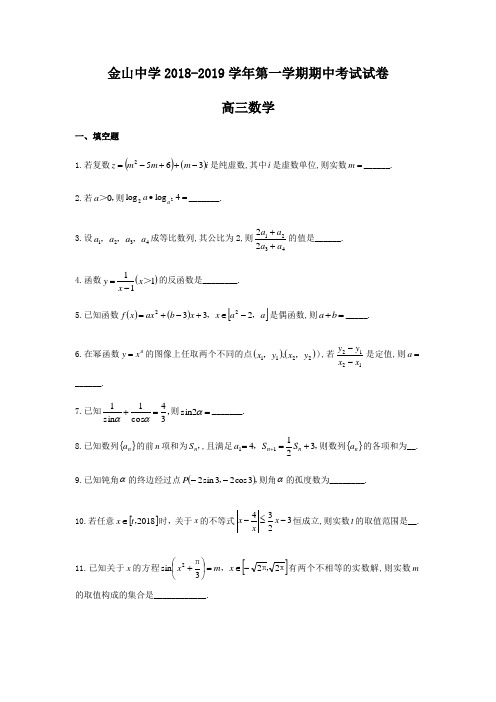 上海市金山中学2018-2019学年高三上期中考试数学试题