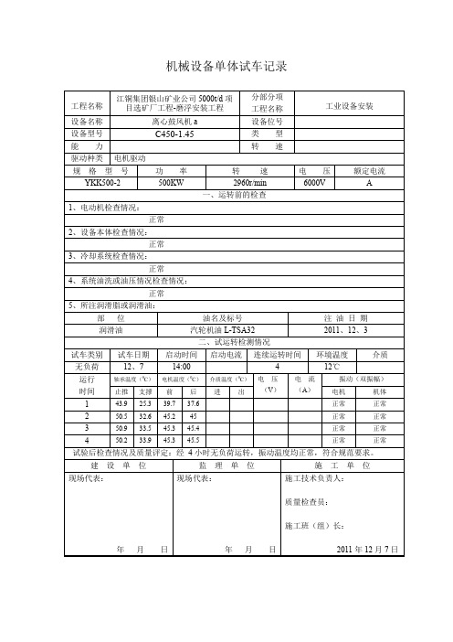 鼓风机试车记录