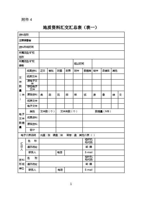 地质资料汇交汇总表(表一、表二、表三)