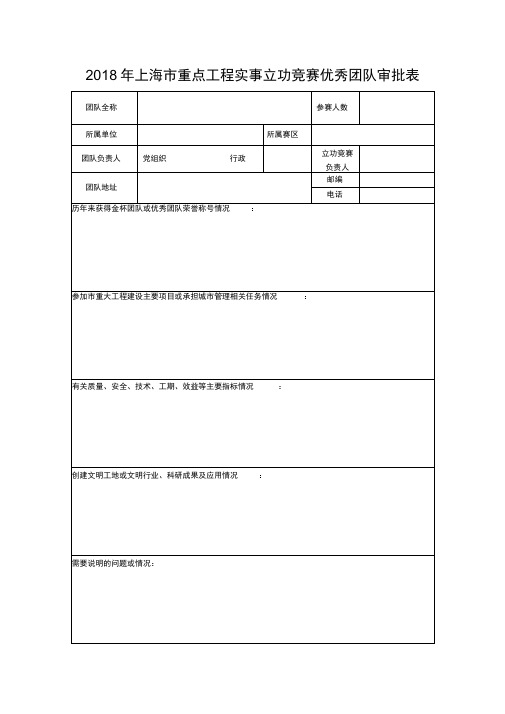 2018年上海重点工程实事立功竞赛优秀团队审批表