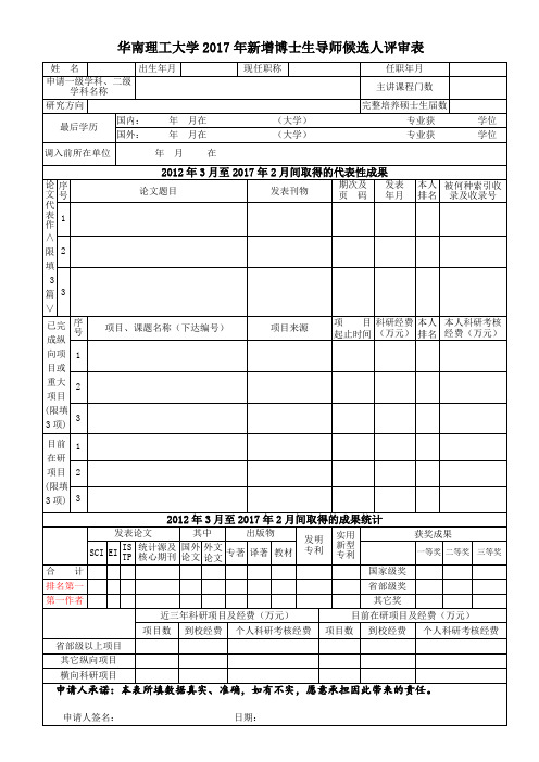 华南理工大学2017年新增博士生导师候选人评审表