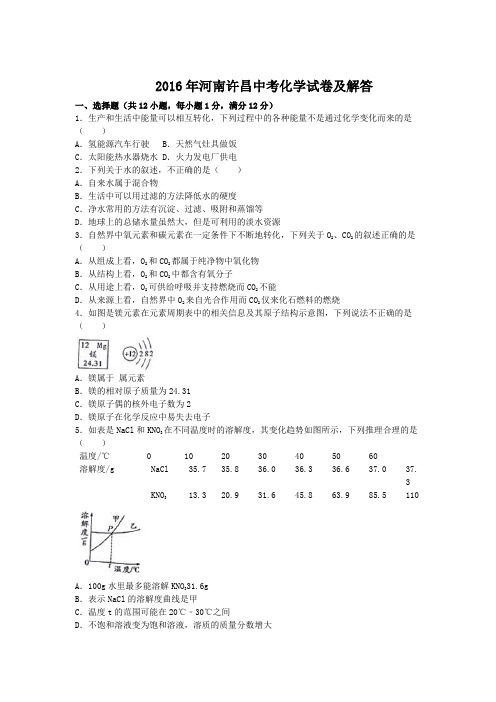 2016年河南许昌中考化学试卷及答案