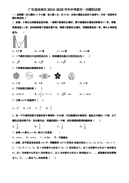 广东省珠海市2019-2020学年中考数学一月模拟试卷含解析