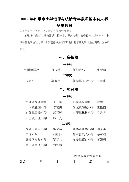 如皋市小学道德与法治青年教师基本功大赛结果通报