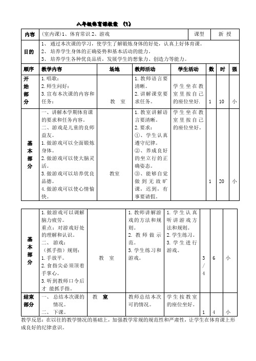 八年级体育课教案(体育常识)室内课