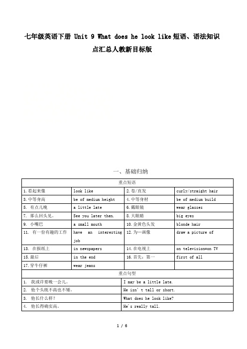 七年级英语下册 Unit 9 What does he look like短语、语法知识点汇总人教新目标版