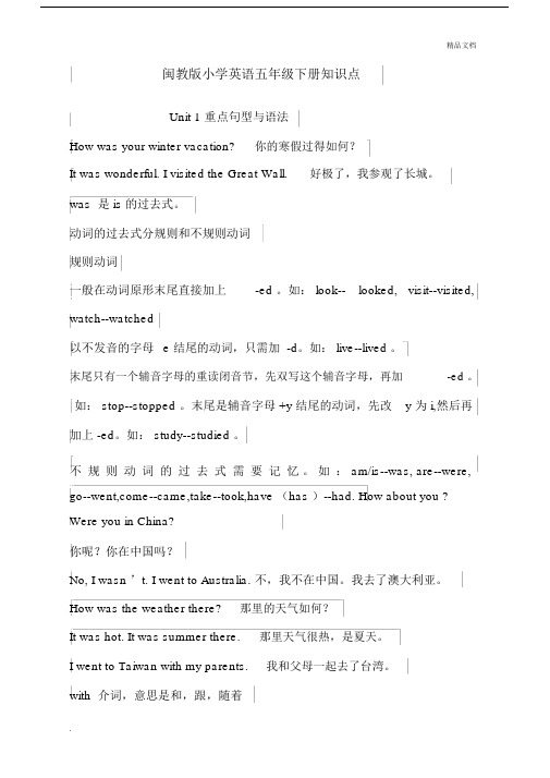 闽教版本小学英语小学五年级的下册的学习知识点.doc