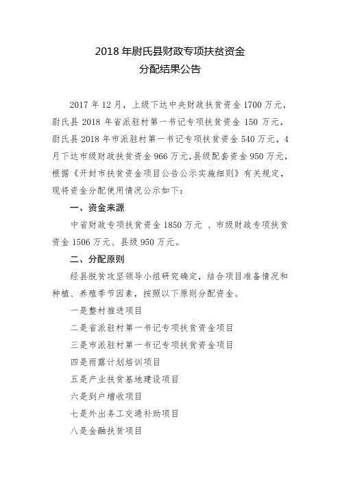 2018年尉氏县财政专项扶贫资金