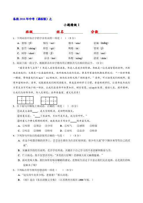 2016年中考语文小题精做系列 01(第01期)(原卷版)