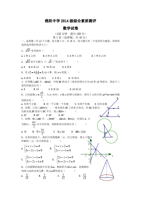 绵阳中学2014年综合素质测评  数学试卷  参考答案