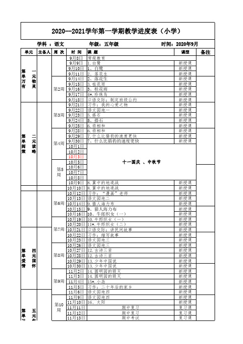 五年级上册语文  进度表