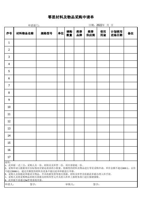 零星材料及物品采购申请单