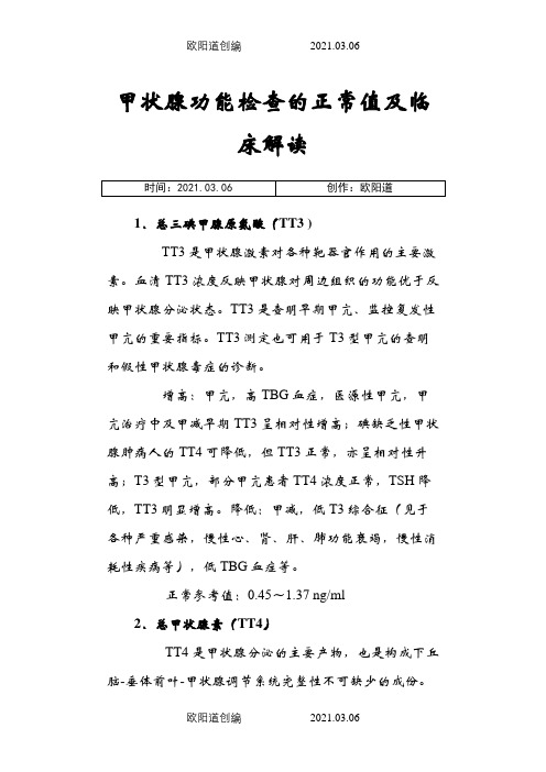 甲状腺功能检查的正常值及临床解读之欧阳道创编