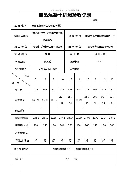 商品混凝土进场验收记录