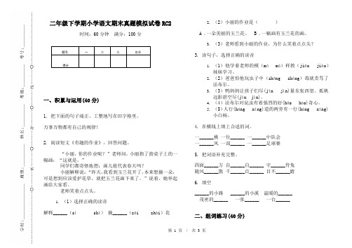 二年级下学期小学语文期末真题模拟试卷RC2