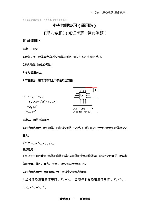 中考物理浮力专题知识梳理及经典例题(含答案解析)