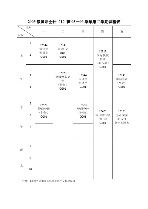 2003级国际会计班006学年第二学期课程表