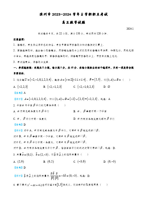 山东省滨州市2024届高三上学期期末数学含答案解析