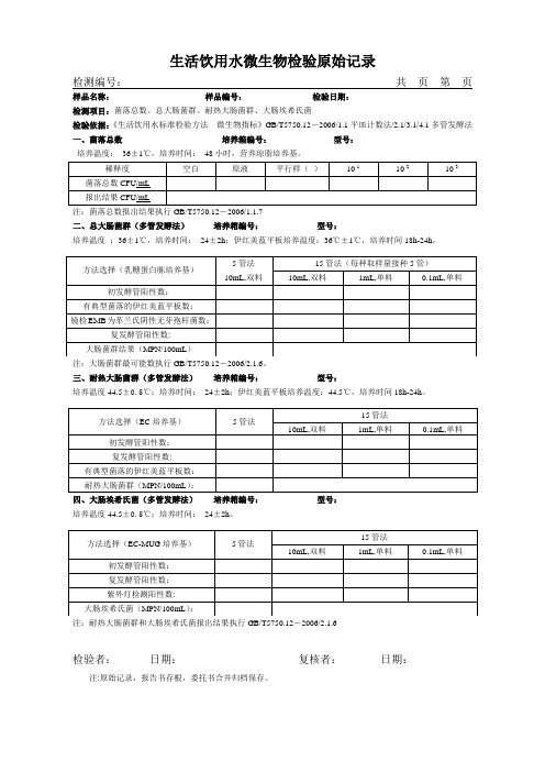 生活饮用水微生物检验原始记录(菌落总数、大肠菌群)