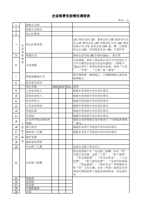 企业税费负担情况调查表