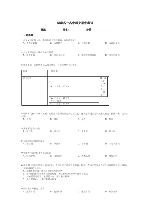 湖南高一高中历史期中考试带答案解析
