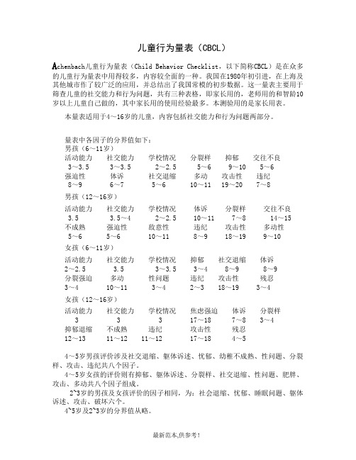 儿童行为量表(CBCL)整理版版