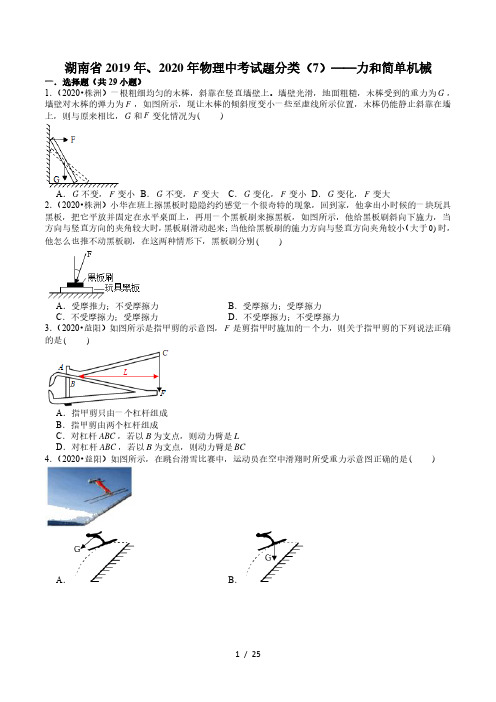 湖南省2019年、2020年物理中考试题分类(7)——力和简单机械(含解析)