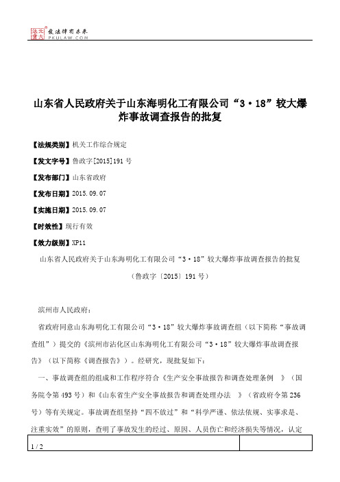 山东省人民政府关于山东海明化工有限公司“3·18”较大爆炸事故调