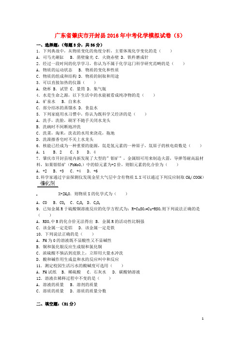 广东省肇庆市开封县2016年中考化学模拟试卷(5)(含解析)