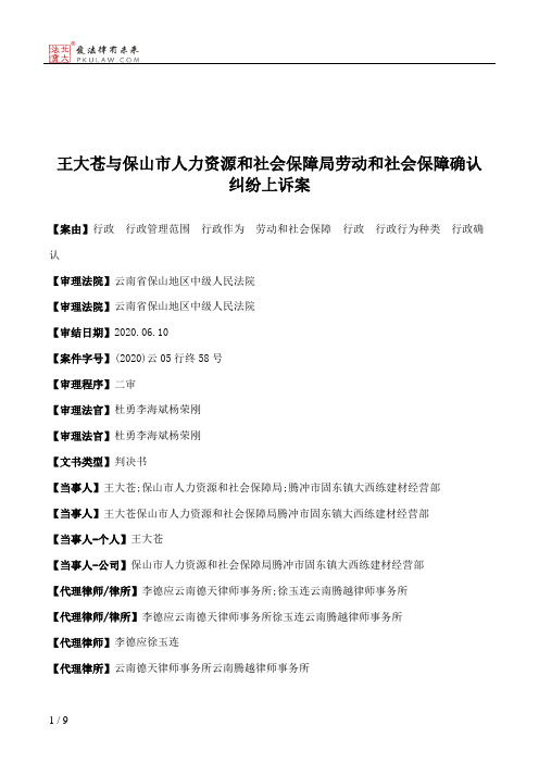 王大苍与保山市人力资源和社会保障局劳动和社会保障确认纠纷上诉案