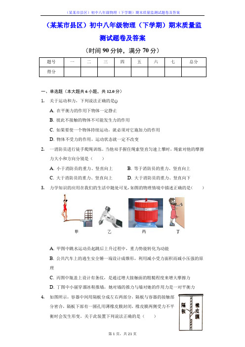 (某某市县区)初中八年级物理(下学期)期末质量监测试题卷及答案