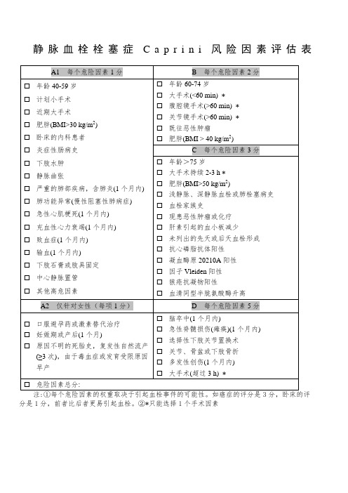 静脉血栓栓塞症Caprini风险因素评估表