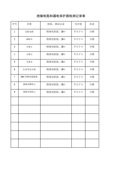 绝缘电阻和漏电保护器检测记录表