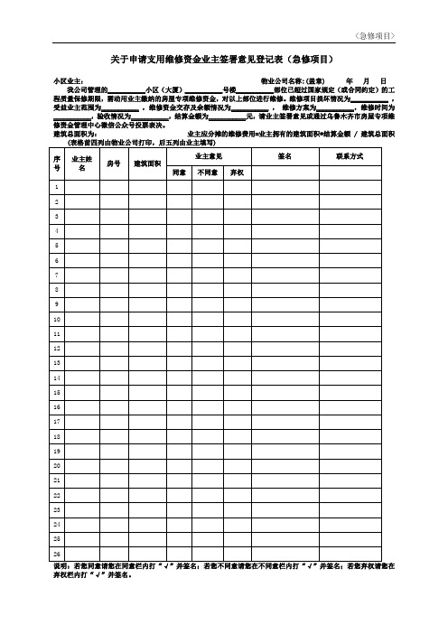 申请维修资金业主签署意见登记表(急修项目)