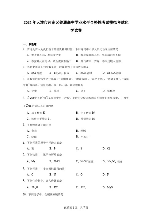 2024年天津市河东区普通高中学业水平合格性考试模拟考试化学试卷