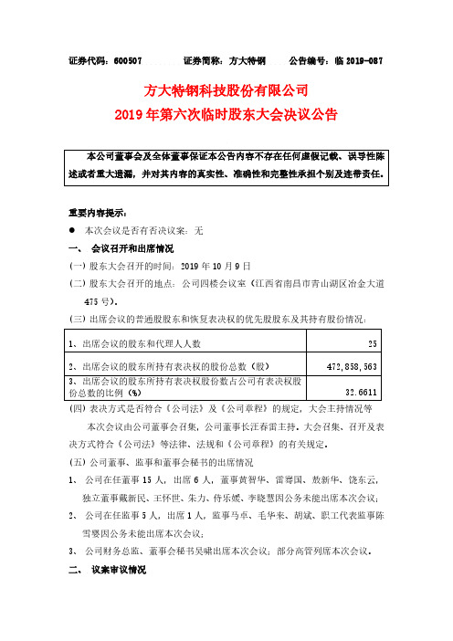 600507： 方大特钢2019年第六次临时股东大会决议公告