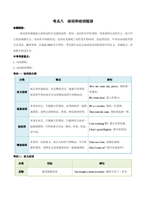 考点08 动词和动词短语-备战2021年中考英语考点一遍过 (原卷版)