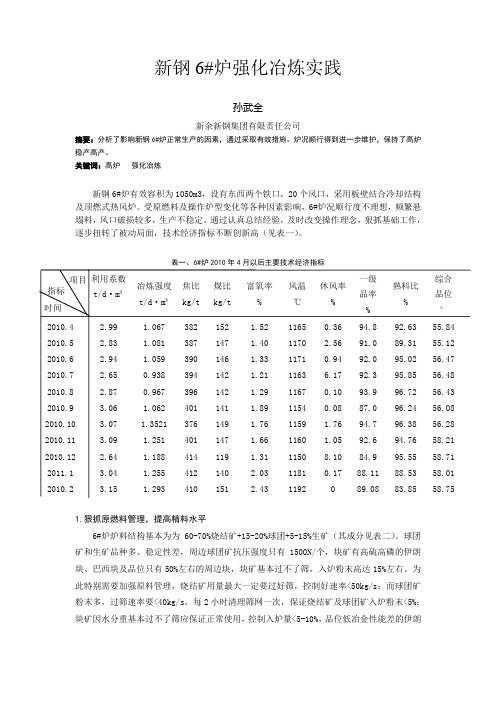 新钢6#炉强化冶炼实践