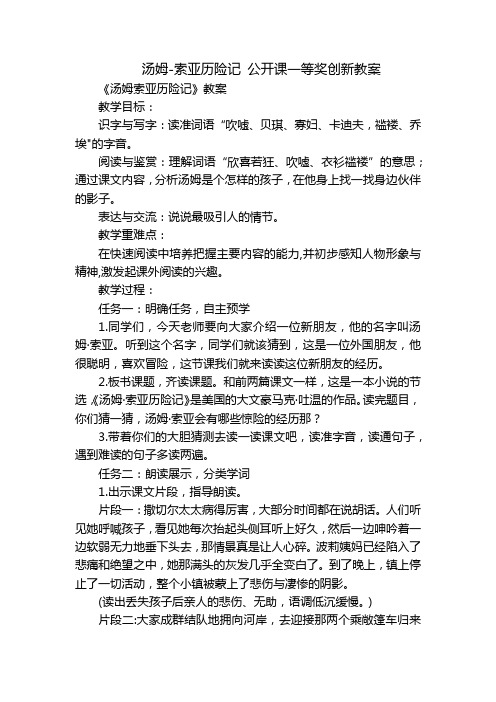 汤姆-索亚历险记 公开课一等奖创新教案