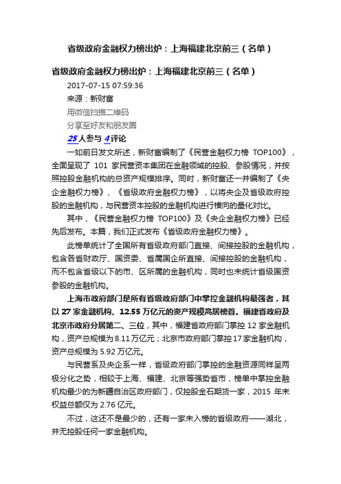 省级政府金融权力榜出炉：上海福建北京前三（名单）