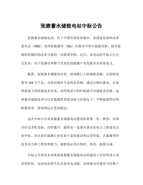 张掖蓄水储能电站中标公告