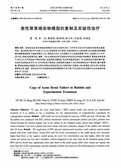 急性肾衰竭动物模型的复制及实验性治疗