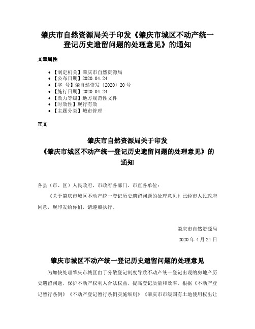 肇庆市自然资源局关于印发《肇庆市城区不动产统一登记历史遗留问题的处理意见》的通知