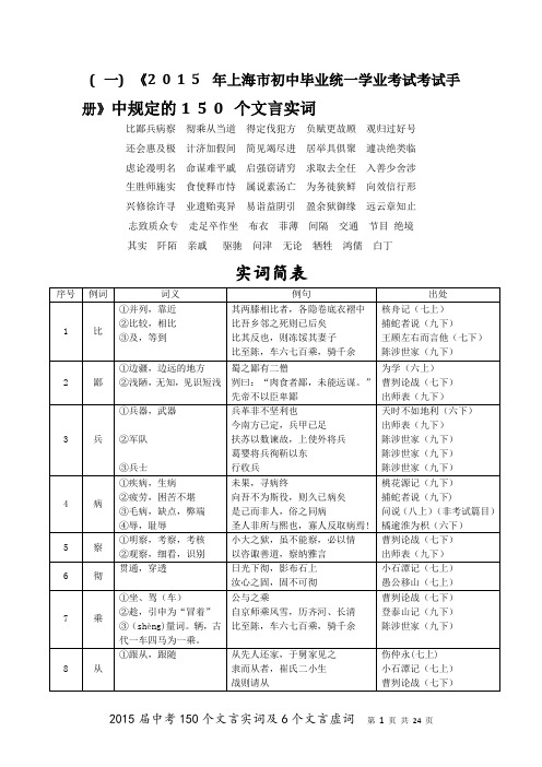 《中考文言文点击》2015年上海市初中毕业统一学业考试150个实词及6个虚词(1))讲解