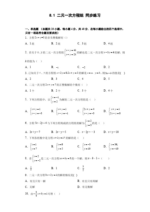 8.1 二元一次方程组 人教版数学七年级下册同步练习(含答案)