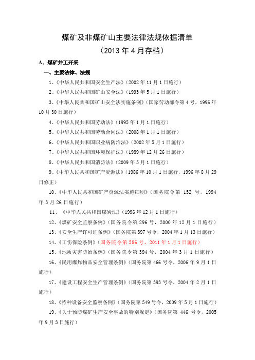 煤矿及非煤矿山主要法律法规依据清单