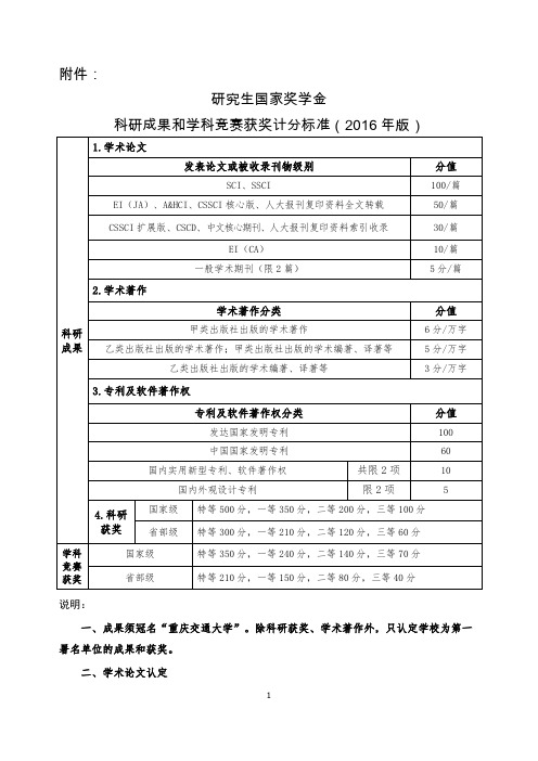 国家奖学金计分标准(2016年版)