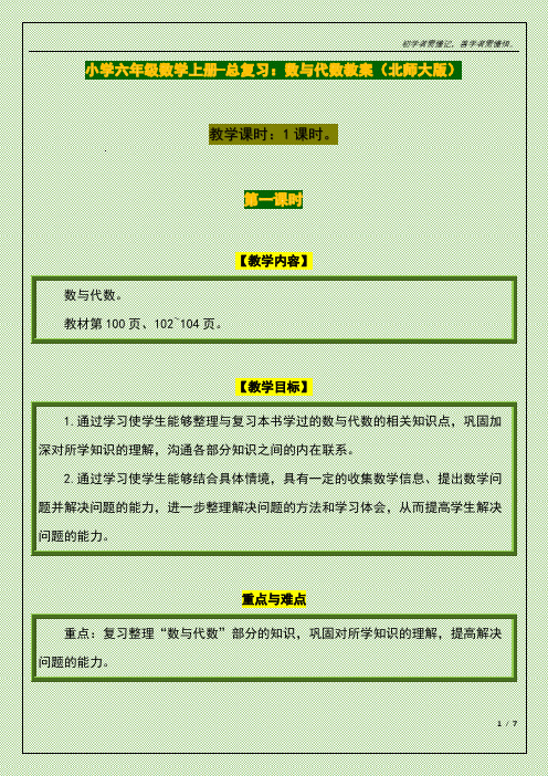 小学六年级数学上册-总复习：数与代数教案(北师大版)