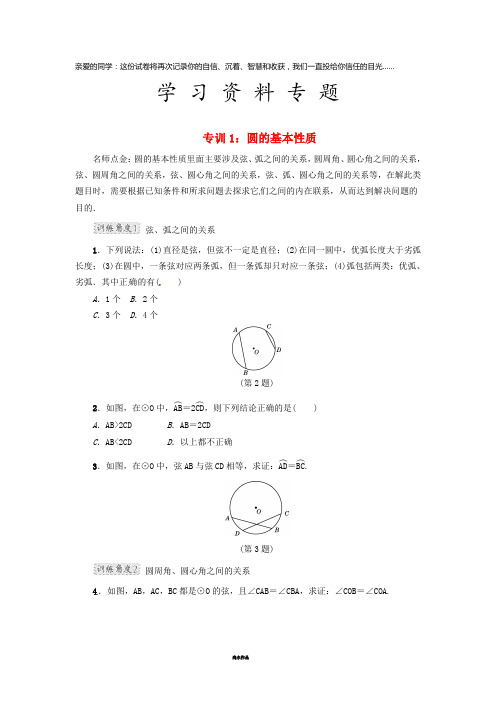 九年级数学下册 专训1 圆的基本性质同步练习 (新版)沪科版