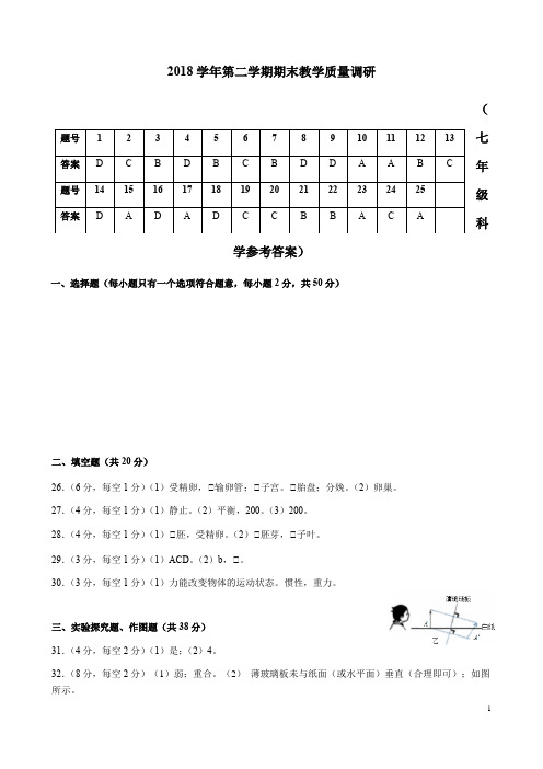 [期末]浙江省杭州市余杭区等地2018-2019学年七年级下学期基础性学力检测期末科学答案